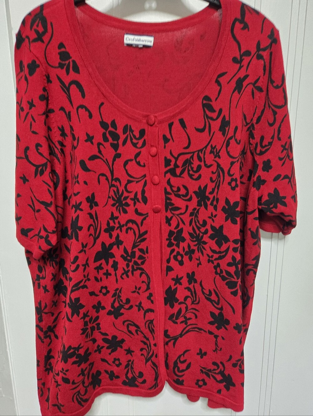 Coldwater Creek Red Button-Front Knit Top with Black Floral Print